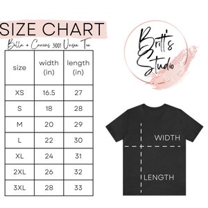 May include: Size chart for Bella + Canvas 3001 Unisex Tee, showing width and length measurements in inches for sizes XS to 3XL.