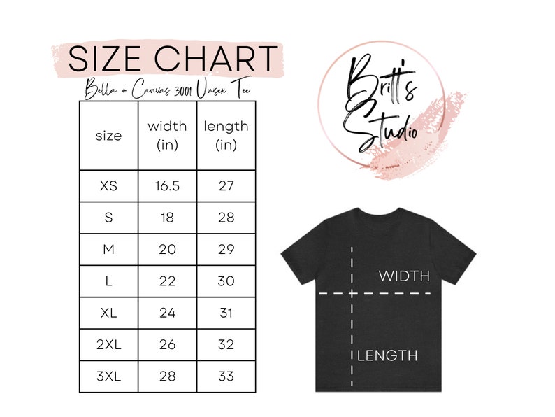 May include: Size chart for Bella + Canvas 3001 Unisex Tee, showing width and length measurements in inches for sizes XS to 3XL.
