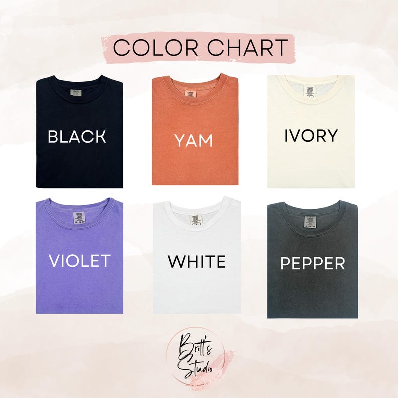 May include: Color chart showing different t-shirt colors, including black, yam, ivory, violet, white, and pepper.