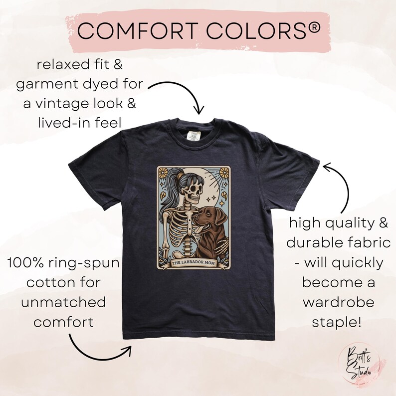 May include: A dark grey t-shirt with a vintage-style illustration of a skeleton holding a dog. The text "The Labrador Mom" is printed below the image. The shirt is made of 100% ring-spun cotton for a relaxed fit and a lived-in feel.