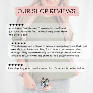 May include: Image featuring customer reviews for a shop. The reviews are displayed on a white background with black text and star ratings. The text includes phrases like "Absolutely LOVE this tee" and "Fast shipping, good quality sweatshirt."