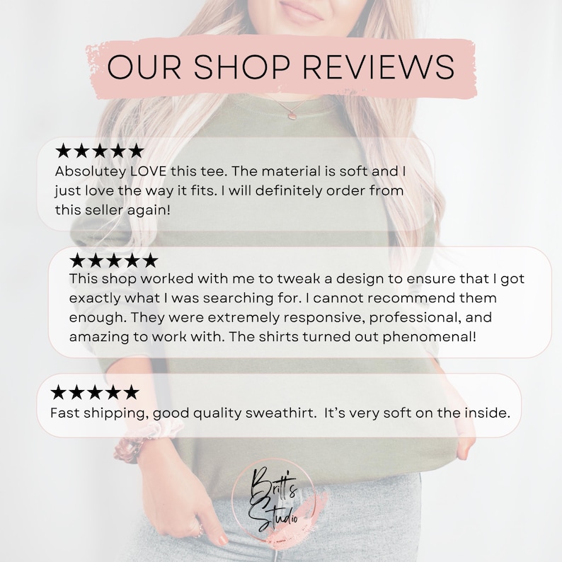 May include: Image featuring customer reviews for a shop. The reviews are displayed on a white background with black text and star ratings. The text includes phrases like "Absolutely LOVE this tee" and "Fast shipping, good quality sweatshirt."