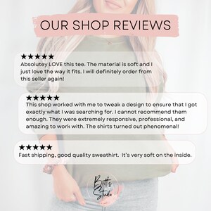May include: A graphic overlay titled OUR SHOP REVIEWS featuring three five-star customer testimonials about a soft olive green sweatshirt and custom shirts, with the Britt's Studio logo at the bottom, displayed over a person wearing the sweatshirt.
