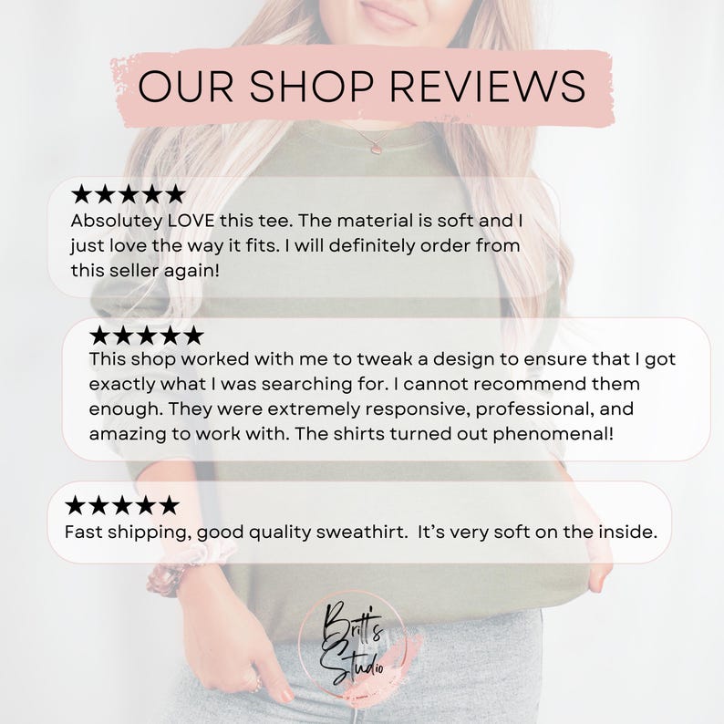 May include: A graphic overlay titled OUR SHOP REVIEWS featuring three five-star customer testimonials about a soft olive green sweatshirt and custom shirts, with the Britt's Studio logo at the bottom, displayed over a person wearing the sweatshirt.