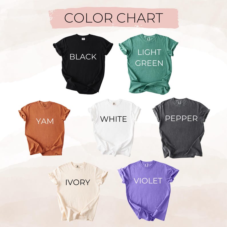 May include: A color chart displays t-shirts in various colors, including black, light green, yam, white, pepper, ivory, and violet. Each shirt has its color name printed on it in a bold, white font. The text "COLOR CHART" is at the top.