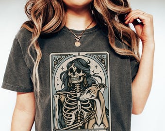 Greyhound Shirt, Comfort Colors Greyhound Mom Tarot Card T-shirt, Fall Greyhound Dog Skeleton Halloween Tee