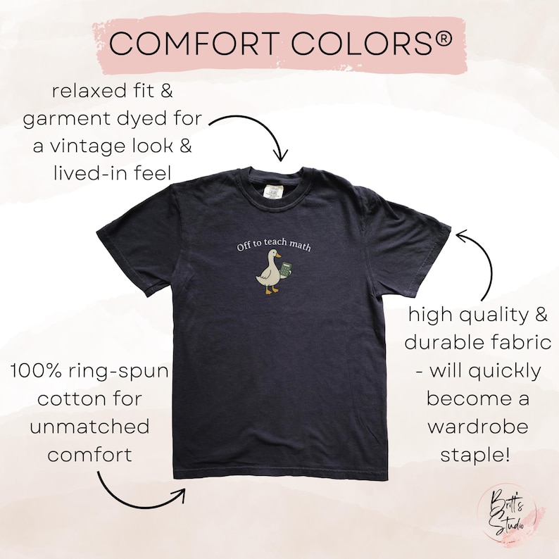 May include: Dark navy blue t-shirt with the text "Off to teach math" and a cartoon goose carrying books. The shirt is made of 100% ring-spun cotton and has a relaxed fit for a vintage look.
