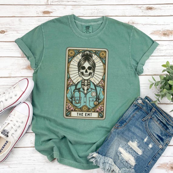 EMT Shirt, Comfort Colors Emergency Medical Technician Tarot Card T-shirt, Spooky Skeleton Halloween EMT Nurse Gift, Paramedic Tshirt
