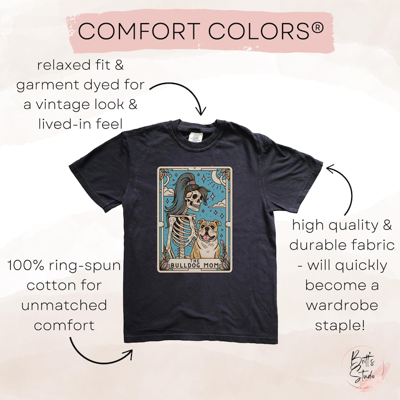 May include: A dark grey t-shirt with a vintage look and feel. The shirt features a graphic of a skeleton holding a bulldog with the text "The Bulldog Mom". The shirt is made of 100% ring-spun cotton for unmatched comfort.