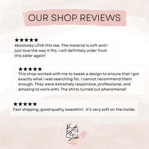 May include: Five-star reviews for a shop selling t-shirts and sweatshirts. The reviews highlight the soft material, fast shipping, and excellent customer service.