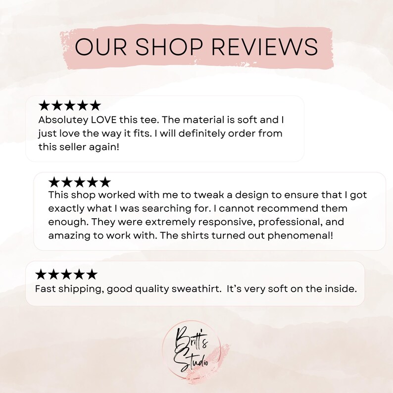 May include: Five-star reviews for a shop selling t-shirts and sweatshirts. The reviews highlight the soft material, fast shipping, and excellent customer service.