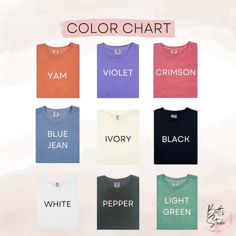Pode incluir: Carta de cores mostrando nove cores diferentes de camiseta: Yam, Violeta, Carmesim, Blue Jean, Marfim, Preto, Branco, Pimenta e Verde claro.