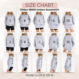 May include: Size chart for Gildan 18000 unisex sweatshirt. The chart shows measurements for sizes S to 2XL, including chest, length, and sleeve measurements in inches. The model is 5'8 and 125 lbs.