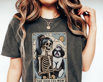 Shih Tzu Shirt, Comfort Colors Shih Tzu Mom Tarot Card T-shirt, Fall Shih Tzu Halloween Tee, Gift for Shih Tzu Dog Mama, Skeleton Shih Tzu