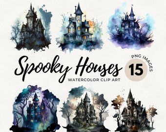 Spökhus Clipart: Akvarell Gotisk Halloween PNG (15 filer)