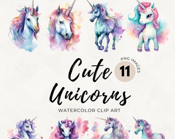 11 Cute Cartoon Unicorn PNG Clipart, 300 DPI Transparent Watercolor For Nursery Kids Unicorn Illustration, Commercial Use, Instant Download