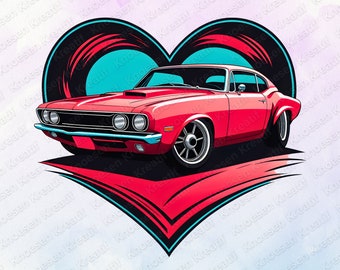 Cuore di muscle car retrò in formato PNG: design a sublimazione per abbigliamento da strada