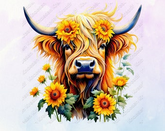 Watercolor Cow and Sunflowers Clipart - Cute Digital Design