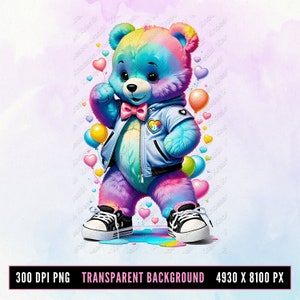 Valentine Teddy Bear PNG: Colorful Urban Design, Sublimation (300 DPI)