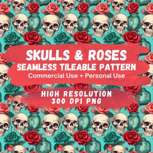 Skull & Roses seamless Pattern, Repeating Design, Vintage Background PNG, Sublimation Gothic Roses Paper and Fabric Digital Download