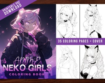 Libro da colorare Anime Neko Girls: 35 pagine fantasy (PDF stampabile)