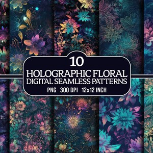 Cyfrowy papier kwiatowy holograficzny - (10) Bezszwowy wzór powtarzający się, tło PNG, wzory tkanin papierowych z motywem kwiatowym do sublimacji