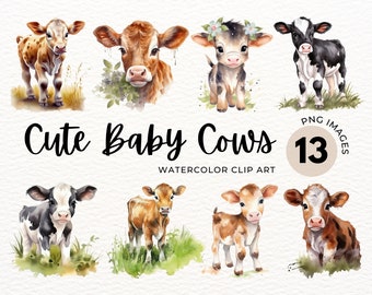 Watercolor Baby Cow Clipart: Farm Animal PNG, Nursery Art (Digital Download)