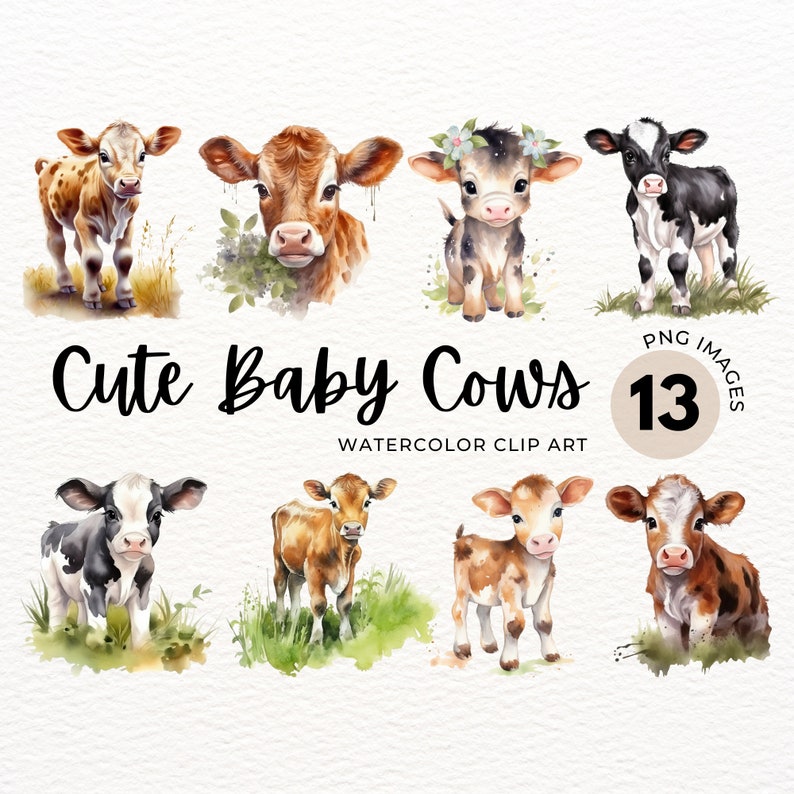 Watercolor Baby Cow Clipart: Farm Animal PNG, Nursery Art (digital ...