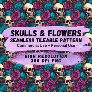 Caveiras e flores góticas, padrão sem emenda de caveira, design repetido azul-petróleo e roxo, fundo PNG, papel e tecido de rosas góticas de sublimação