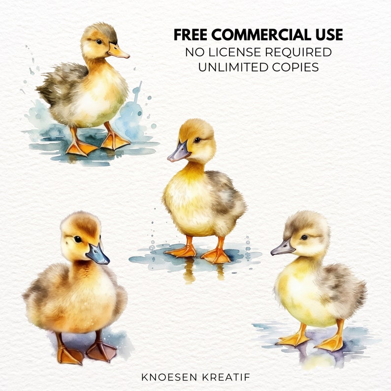 May include: Three watercolor paintings of ducklings. Each duckling is depicted in a different pose, standing in a puddle of water. The ducklings are yellow with brown feathers and have orange beaks and feet. The background is white with a light blue watercolor wash.