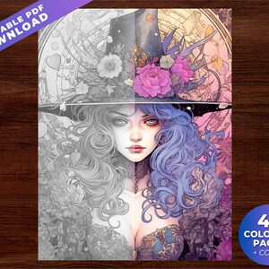 May include: A digital illustration of a woman with blue hair and a witch hat, with a floral design. The image is partially colored and partially grayscale. Text at the top reads "PRINTABLE PDF DOWNLOAD". A circular graphic at the bottom right says "43 COLORING PAGES + COVER".