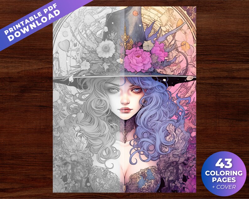 May include: A digital illustration of a woman with blue hair and a witch hat, with a floral design. The image is partially colored and partially grayscale. Text at the top reads "PRINTABLE PDF DOWNLOAD". A circular graphic at the bottom right says "43 COLORING PAGES + COVER".