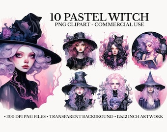 Paquete de imágenes prediseñadas de bruja pastel: Gráficos PNG mágicos (descarga digital)