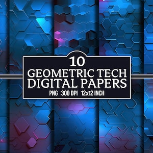 Blauw zeshoek geometrisch digitaal papier: futuristische plakboekachtergronden (digitale download)