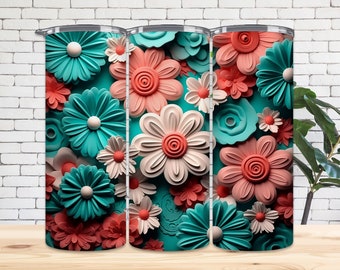 3D Floral Tumbler Sublimation Design: White, Green, Peach Daisies (Digital Download)