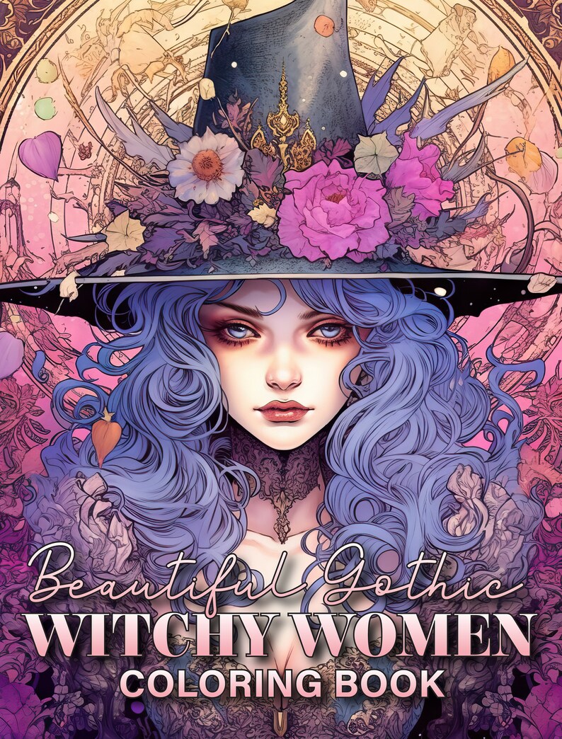 May include: A coloring book cover featuring a woman with blue hair and a witch hat adorned with flowers. The text reads "Beautiful Gothic Witchy Women Coloring Book" in a decorative font. The artwork has a fantasy theme with a pink and purple color palette.