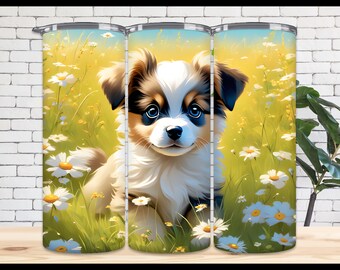 Tumbler Puppy Meadow con design a sublimazione: involucro sottile da 20 oz (download digitale)