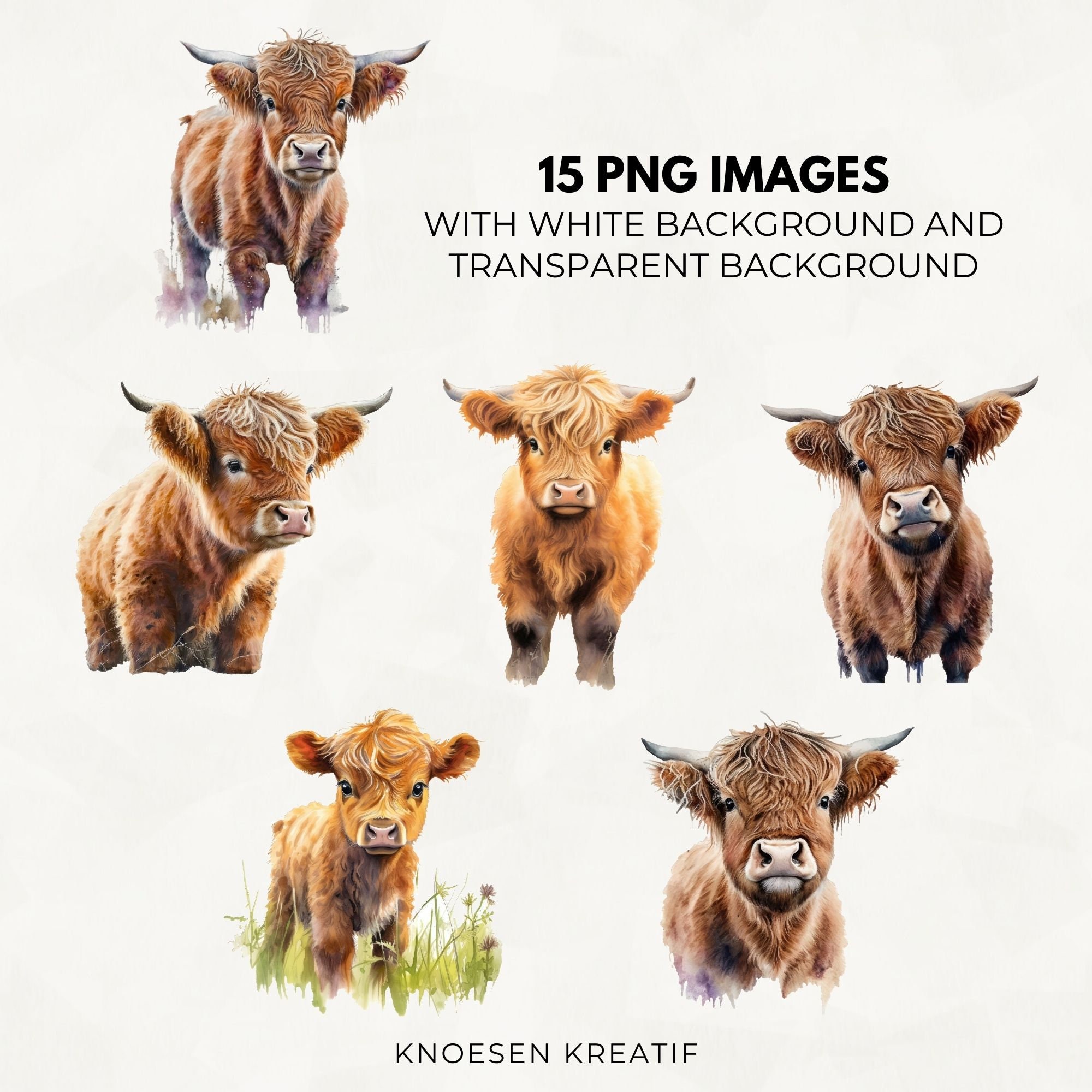 Highland Cow Clipart: Baby Farm Animals, Watercolor PNG (digital ...