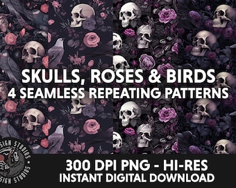 Sömlöst mönster med skalle och rosfågel: Goth tygdesign (digital nedladdning)