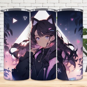 Anime Pastel Goth Cat Girl 20 oz Skinny Tumbler Sublimation Design, Straight & Tapered Tumbler Wrap, Instant Digital Download PNG