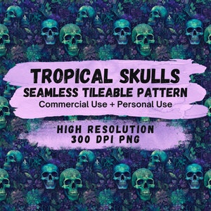Skull Tropical Seamless Flower Paper & Fabric Pattern - Repeating Design, Background PNG, Sublimation, Unlimited Commercial Use