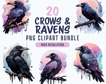 Watercolor Raven Clipart, Gothic Crow PNG Bundle, Mystical Bird Digital Download, Witchy Sublimation Design, Halloween Scrapbook Art