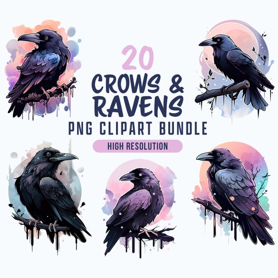 Watercolor Raven Clipart, Gothic Crow PNG Bundle, Mystical Bird Digital Download, Witchy Sublimation Design, Halloween Scrapbook Art