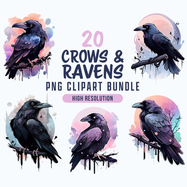 Gothic Crows & Raven Watercolor Clipart Bundle, Watercolor PNG, Junk Journal, Digital Planner, Collage Images, Crow Clipart, Witchy Decor