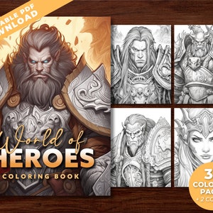 World of Heroes Coloring Book - 35 Fantasy Coloring Pages for Adults - Instant Download - Grayscale Coloring Page - Gift Printable Art PDF