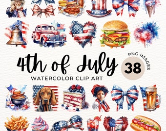 4th of July Clipart: Watercolor Patriotic PNG Graphics (Digital Download)
