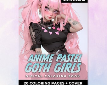 Anime Goth Girls Coloring Book - 20 Anime Coloring Pages for Adults 6 - Instant Download - Grayscale Coloring Page - Gift Printable Art PDF