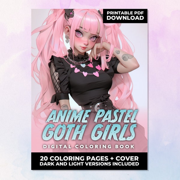 Anime Goth Girls Coloring Book - 20 Anime Coloring Pages for Adults 6 - Instant Download - Grayscale Coloring Page - Gift Printable Art PDF