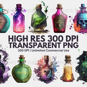 May include: Ten glass bottles with colorful liquids and swirling designs inside. The bottles have cork stoppers and are decorated with gold accents. The bottles are set against a white background with watercolor splatters.