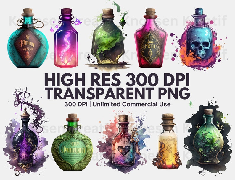 May include: Ten glass bottles with colorful liquids and swirling designs inside. The bottles have cork stoppers and are decorated with gold accents. The bottles are set against a white background with watercolor splatters.